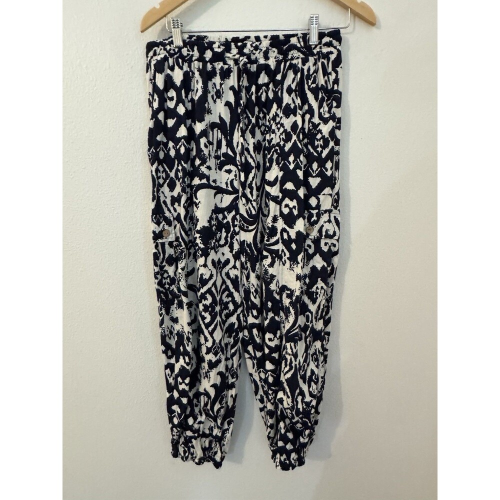 Rachel Zoe Pants Linen Rayon Cargo Elastic Waist Pants Women’s Size L Navy Ivory